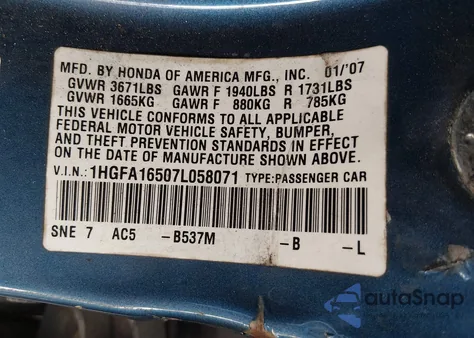 2007 Honda Civic Lx из США, поврежденный, VIN 1HGFA16507L058071